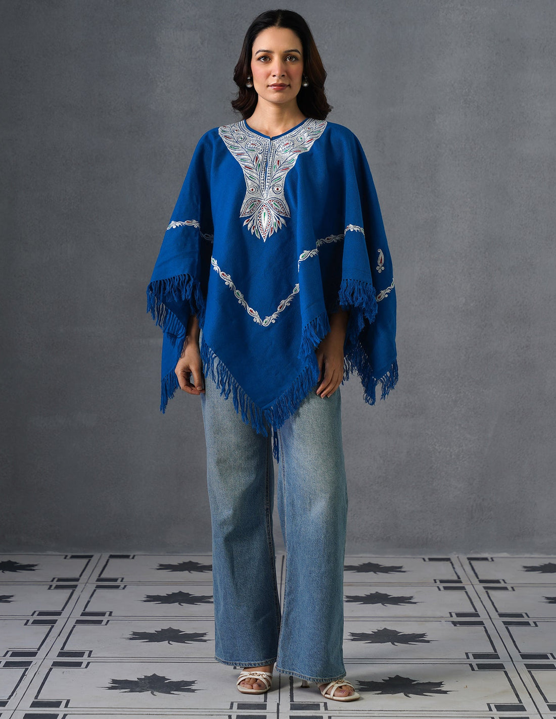 Kashmiri Silver Boti Tilla Embroidered Woollen Poncho – Blue | Handcrafted Heritage - Kashmir Box
