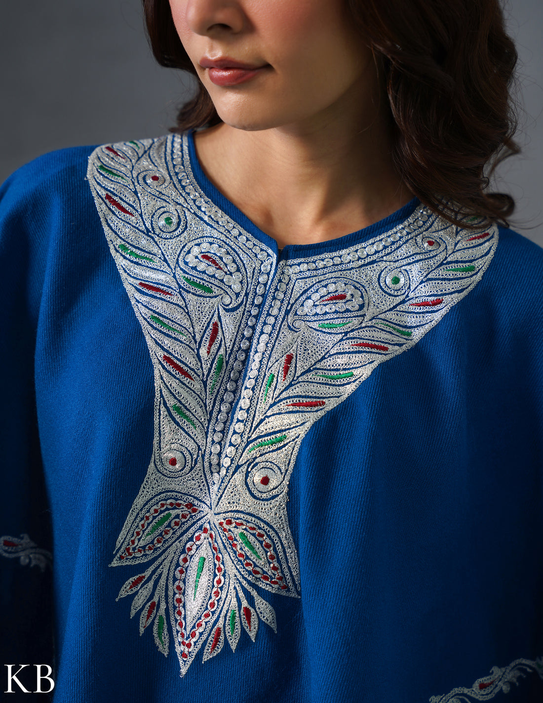 Kashmiri Silver Boti Tilla Embroidered Woollen Poncho – Blue | Handcrafted Heritage - Kashmir Box