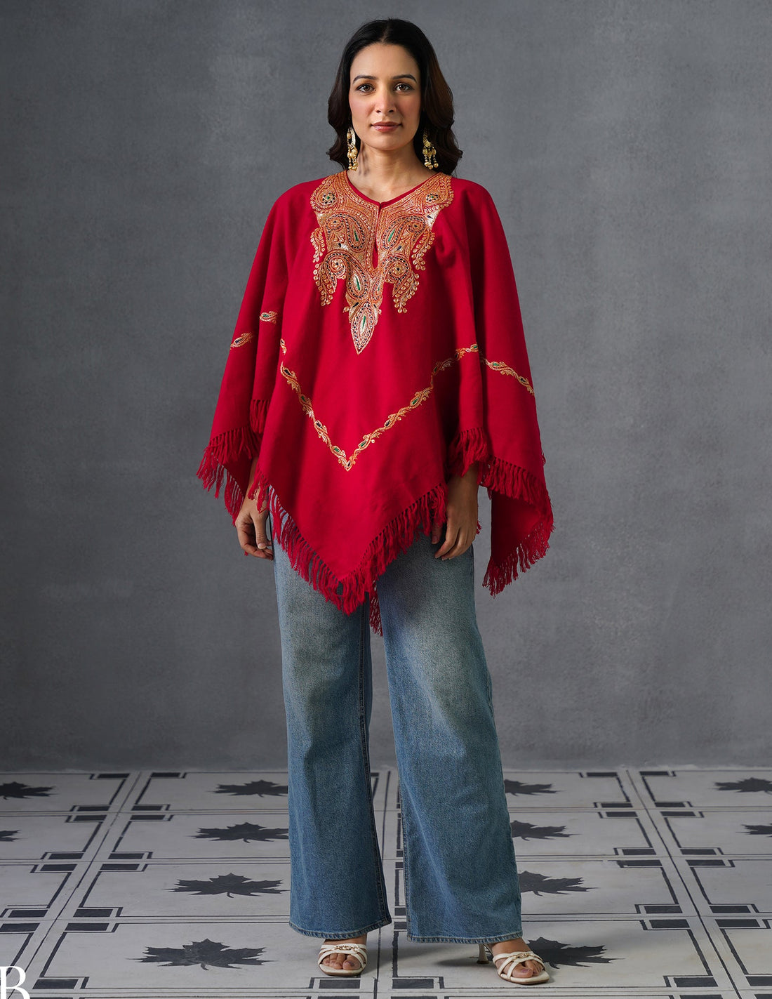 Kashmiri Golden Boti Tilla Embroidered Woollen Poncho – Red | Handcrafted Heritage - Kashmir Box