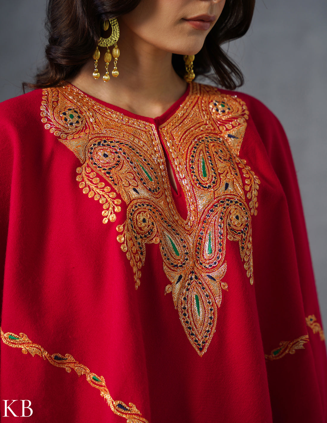 Kashmiri Golden Boti Tilla Embroidered Woollen Poncho – Red | Handcrafted Heritage - Kashmir Box