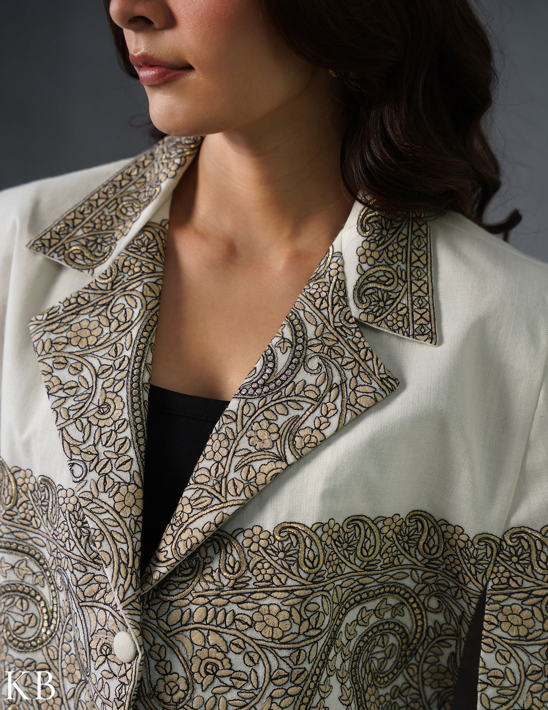 Nayaab Kashmiri Sozni Embroidered Woollen Jacket – White - Kashmir Box