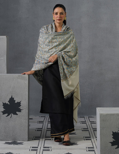 Kashmiri Handwoven Pashmina Jamawar Sozni Shawl – Light Cream | Handwoven Heritage - Kashmir Box