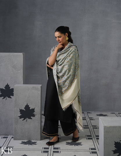 Kashmiri Handwoven Pashmina Jamawar Sozni Shawl – Light Cream | Handwoven Heritage - Kashmir Box