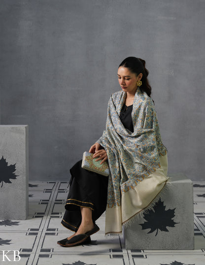 Kashmiri Handwoven Pashmina Jamawar Sozni Shawl – Light Cream | Handwoven Heritage - Kashmir Box