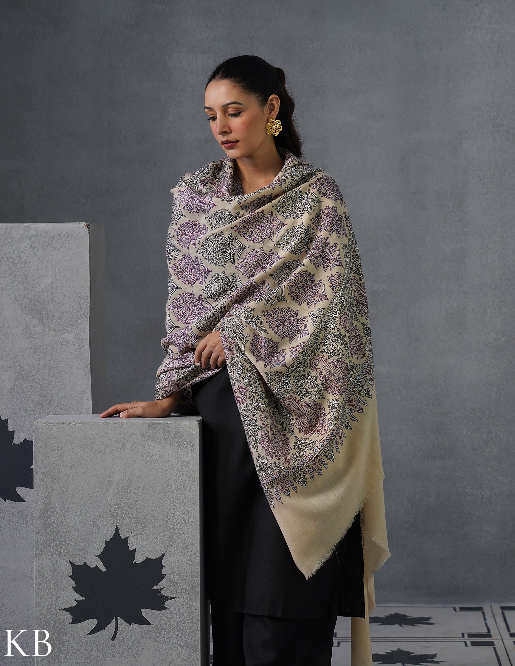 Kashmiri Handwoven Pashmina Bootidar Sozni Shawl – Cream &amp; Lavender | Handwoven Heritage - Kashmir Box