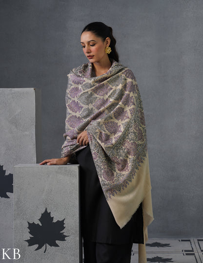Kashmiri Handwoven Pashmina Bootidar Sozni Shawl – Cream &amp; Lavender | Handwoven Heritage - Kashmir Box