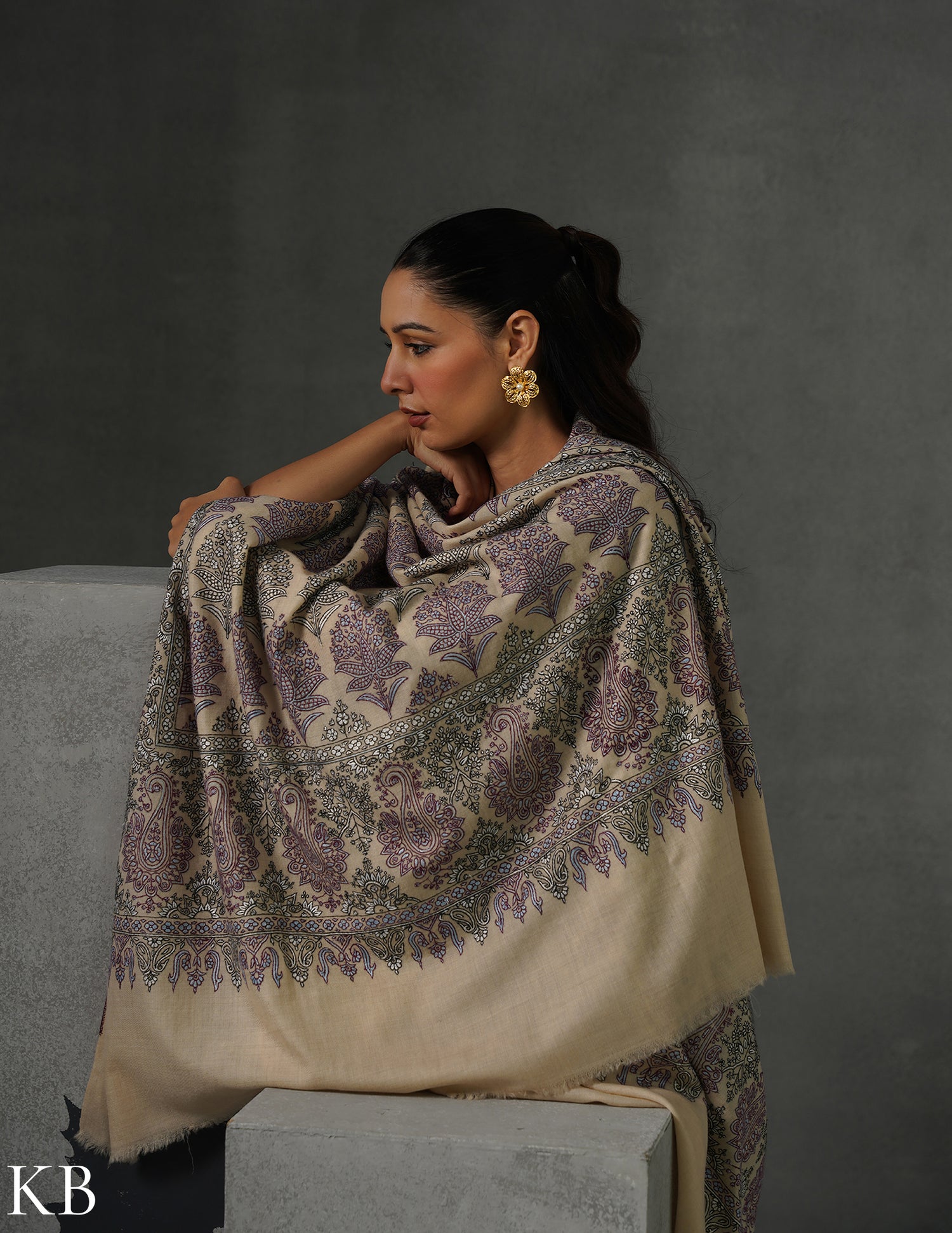Kashmiri Handwoven Pashmina Bootidar Sozni Shawl – Cream &amp; Lavender | Handwoven Heritage - Kashmir Box