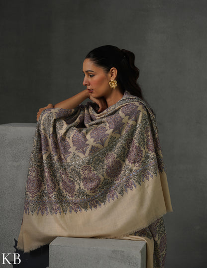 Kashmiri Handwoven Pashmina Bootidar Sozni Shawl – Cream &amp; Lavender | Handwoven Heritage - Kashmir Box