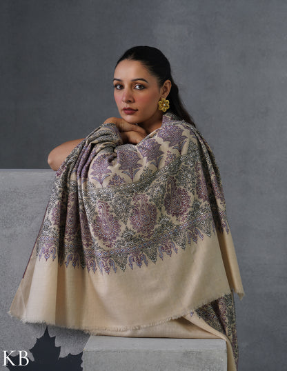 Kashmiri Handwoven Pashmina Bootidar Sozni Shawl – Cream &amp; Lavender | Handwoven Heritage - Kashmir Box