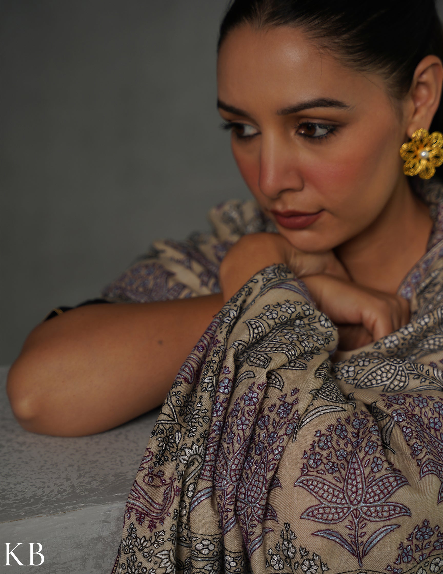 Kashmiri Handwoven Pashmina Bootidar Sozni Shawl – Cream &amp; Lavender | Handwoven Heritage - Kashmir Box