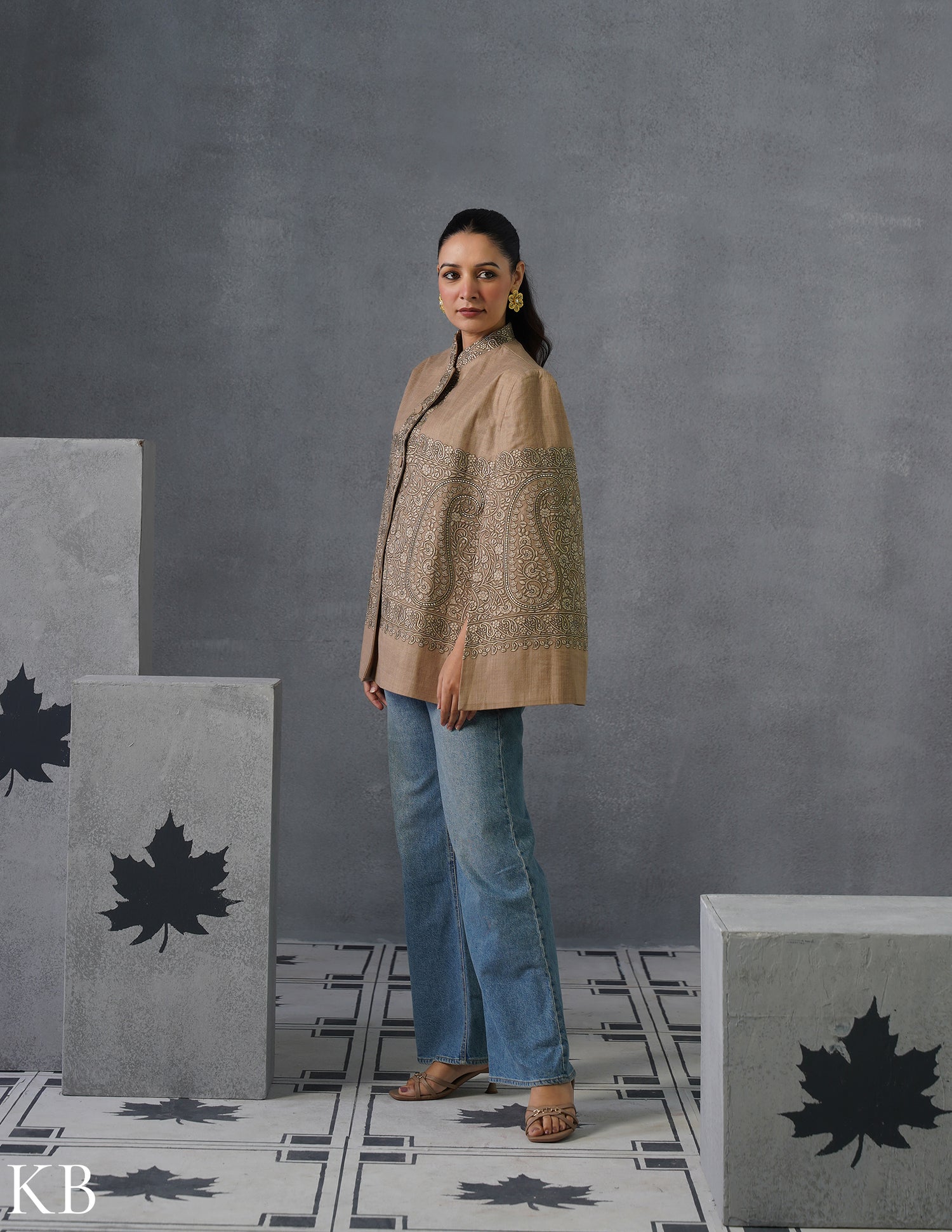 Nayaab Kashmiri Sozni Embroidered Woollen Jacket – Fawn - Kashmir Box