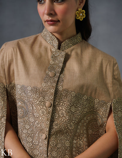 Nayaab Kashmiri Sozni Embroidered Woollen Jacket – Fawn - Kashmir Box