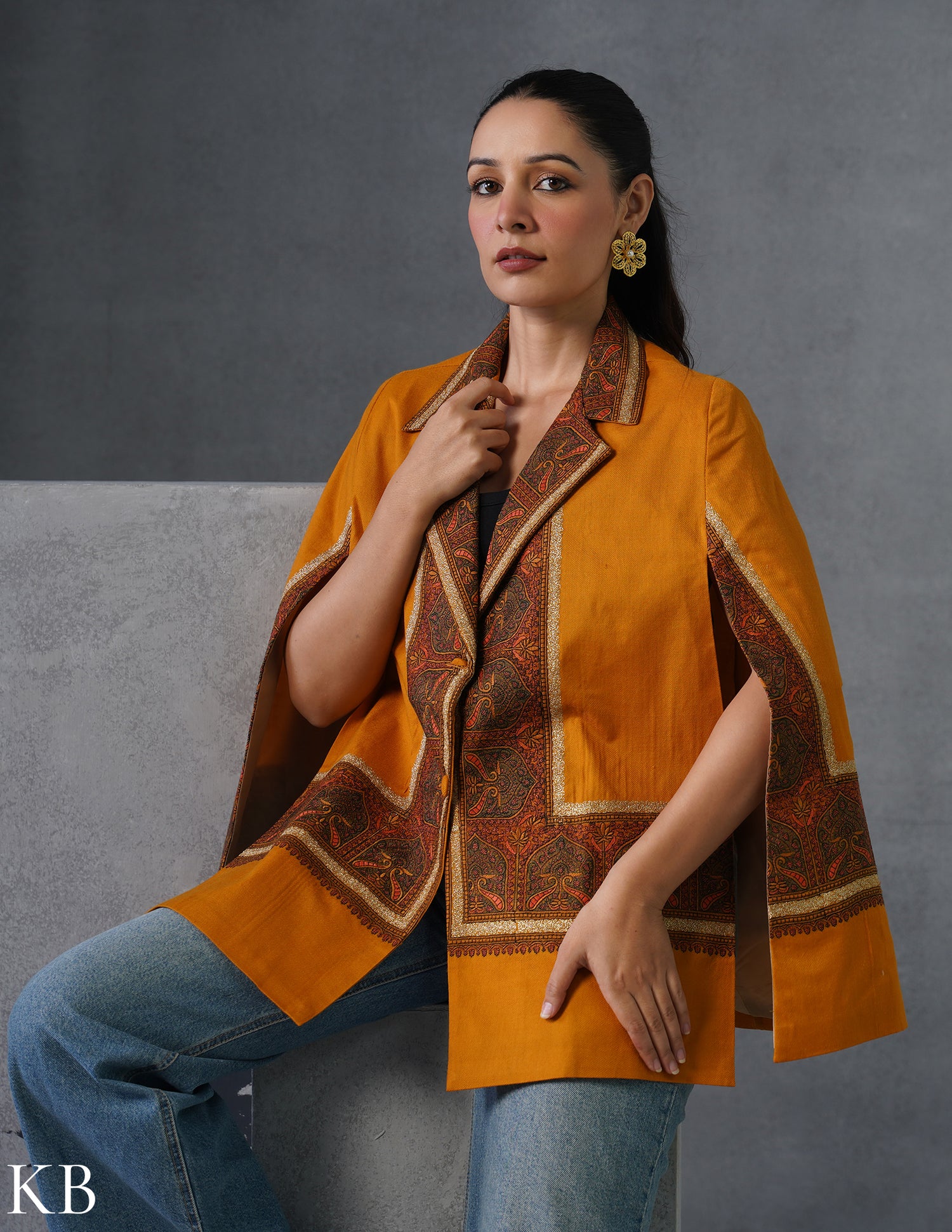 Nayaab Kashmiri Sozni Embroidered Woollen Jacket – Mustard - Kashmir Box