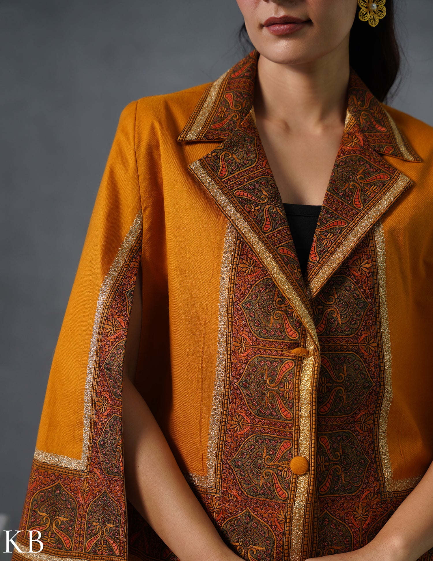 Nayaab Kashmiri Sozni Embroidered Woollen Jacket – Mustard - Kashmir Box