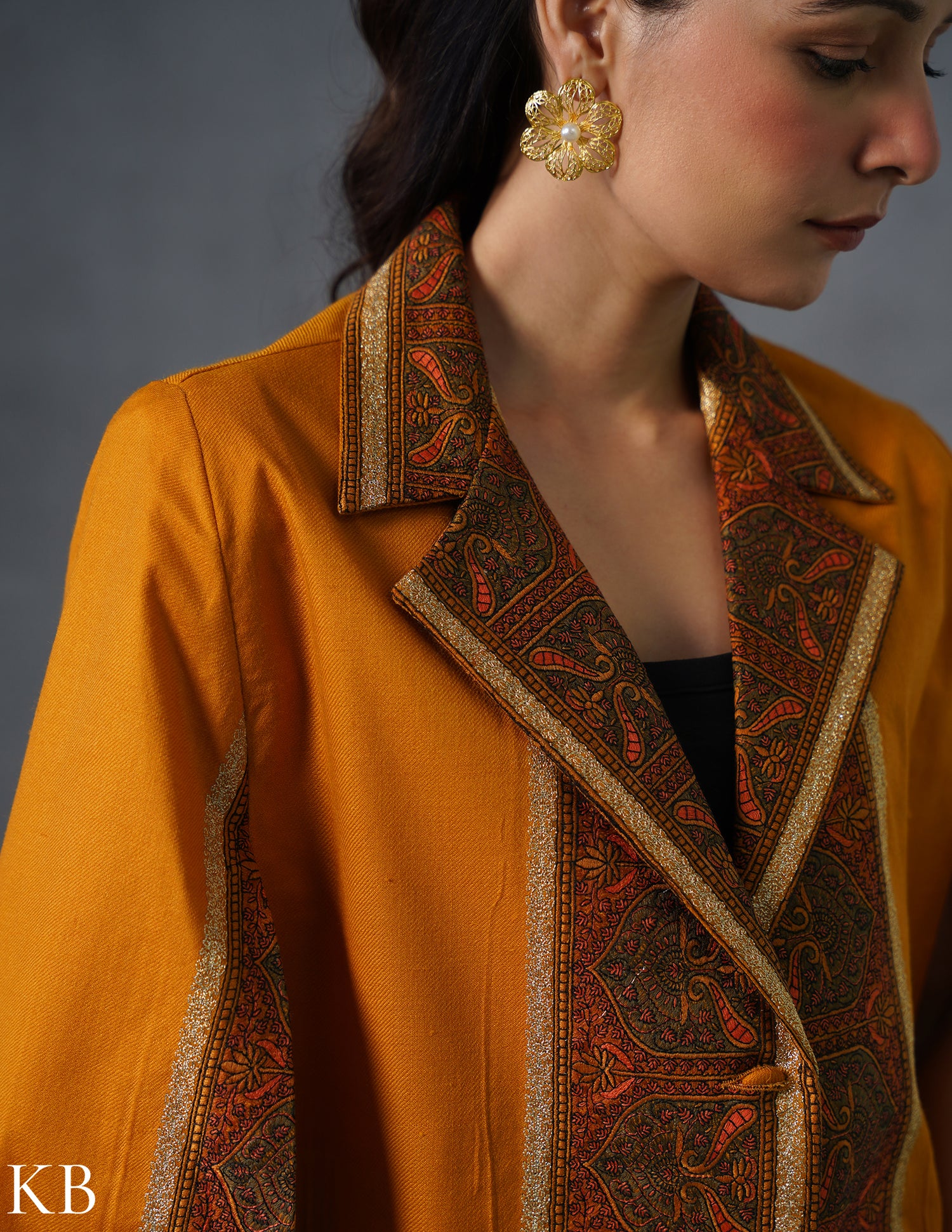 Nayaab Kashmiri Sozni Embroidered Woollen Jacket – Mustard - Kashmir Box