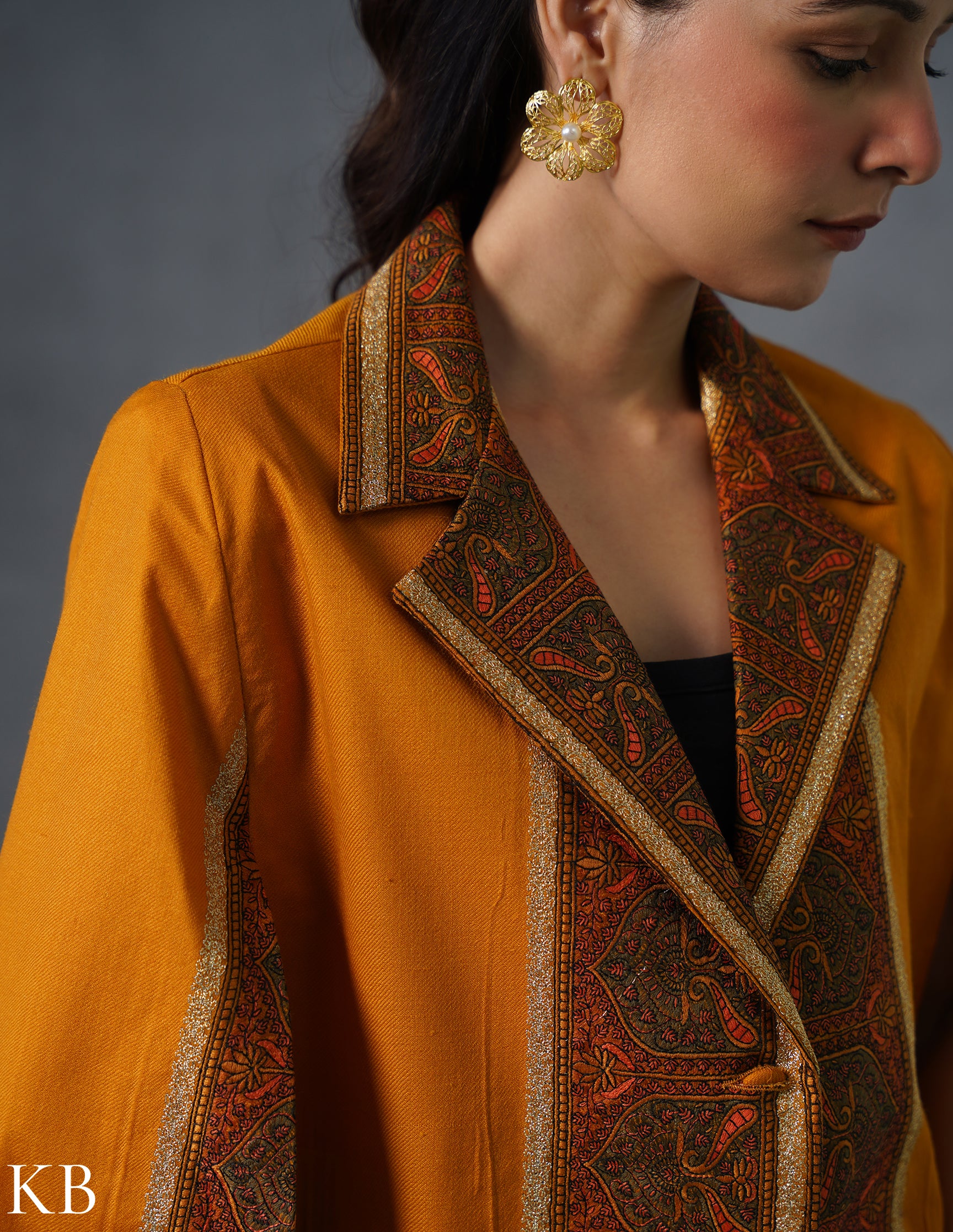 Nayaab Kashmiri Sozni Embroidered Woollen Jacket – Mustard - Kashmir Box