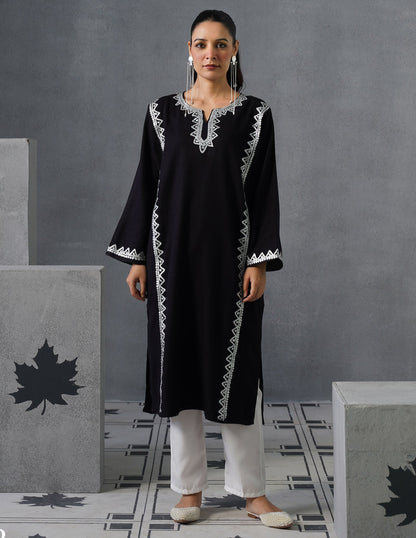 Kashmiri Silver Zari Embroidered Woollen Phiran – Black | Timeless Winter Wear - Kashmir Box
