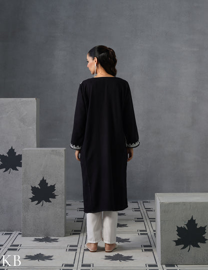 Kashmiri Silver Zari Embroidered Woollen Phiran – Black | Timeless Winter Wear - Kashmir Box