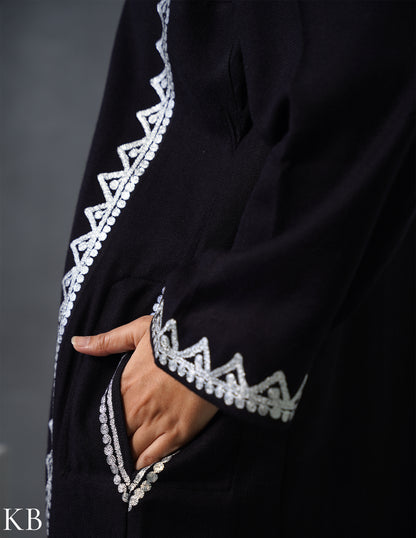Kashmiri Silver Zari Embroidered Woollen Phiran – Black | Timeless Winter Wear - Kashmir Box