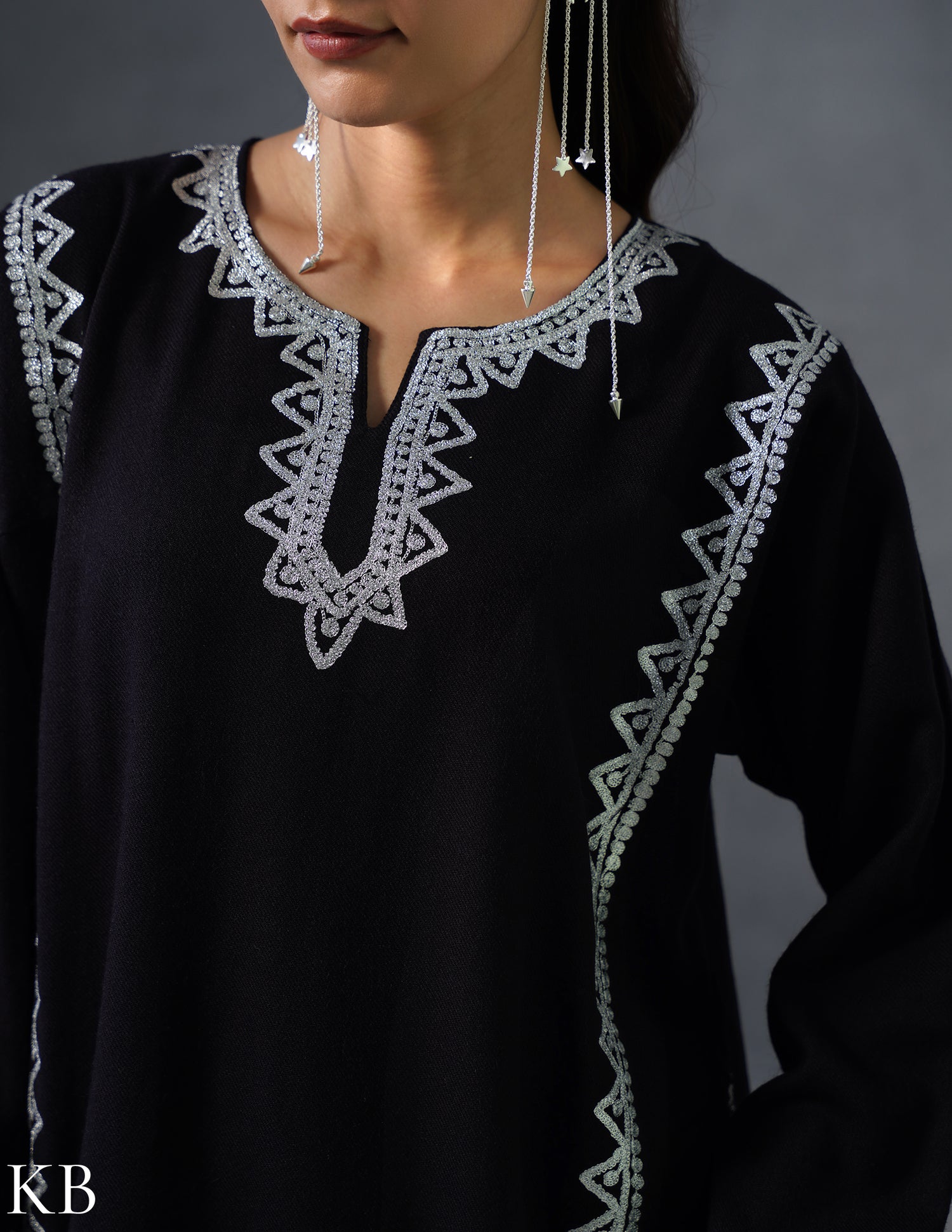 Kashmiri Silver Zari Embroidered Woollen Phiran – Black | Timeless Winter Wear - Kashmir Box