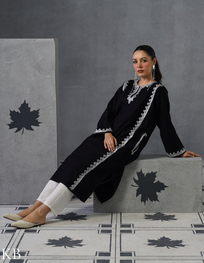 Kashmiri Silver Zari Embroidered Woollen Phiran – Black | Timeless Winter Wear - Kashmir Box