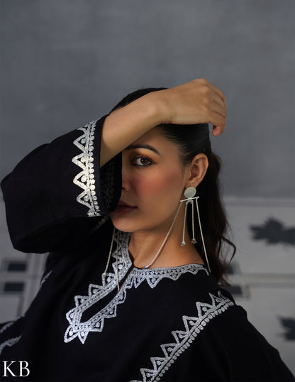 Kashmiri Silver Zari Embroidered Woollen Phiran – Black | Timeless Winter Wear - Kashmir Box