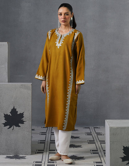 Kashmiri Silver Zari Embroidered Woollen Phiran – Mustard | Timeless Winter Wear - Kashmir Box
