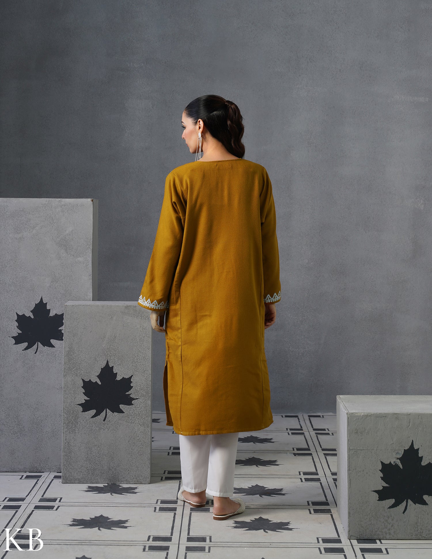 Kashmiri Silver Zari Embroidered Woollen Phiran – Mustard | Timeless Winter Wear - Kashmir Box