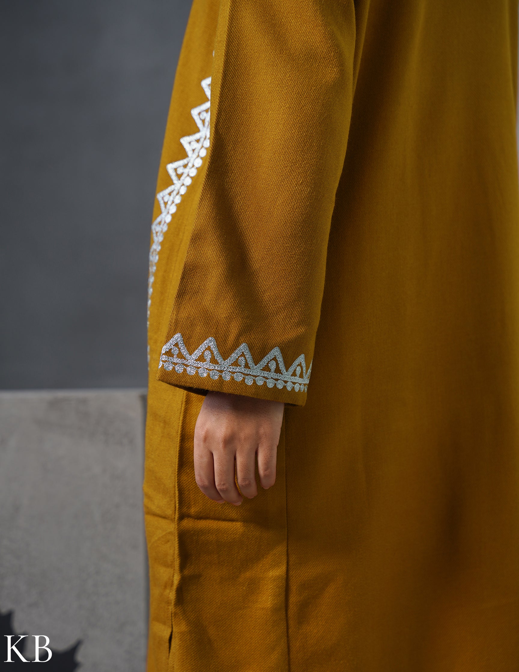 Kashmiri Silver Zari Embroidered Woollen Phiran – Mustard | Timeless Winter Wear - Kashmir Box