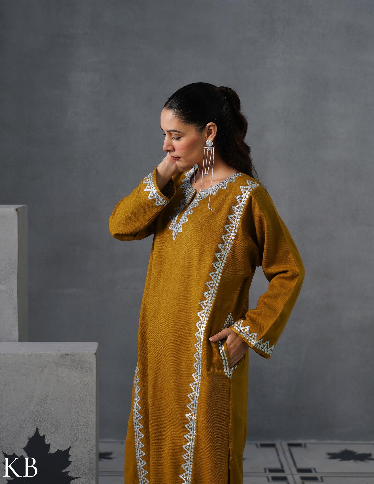 Kashmiri Silver Zari Embroidered Woollen Phiran – Mustard | Timeless Winter Wear - Kashmir Box