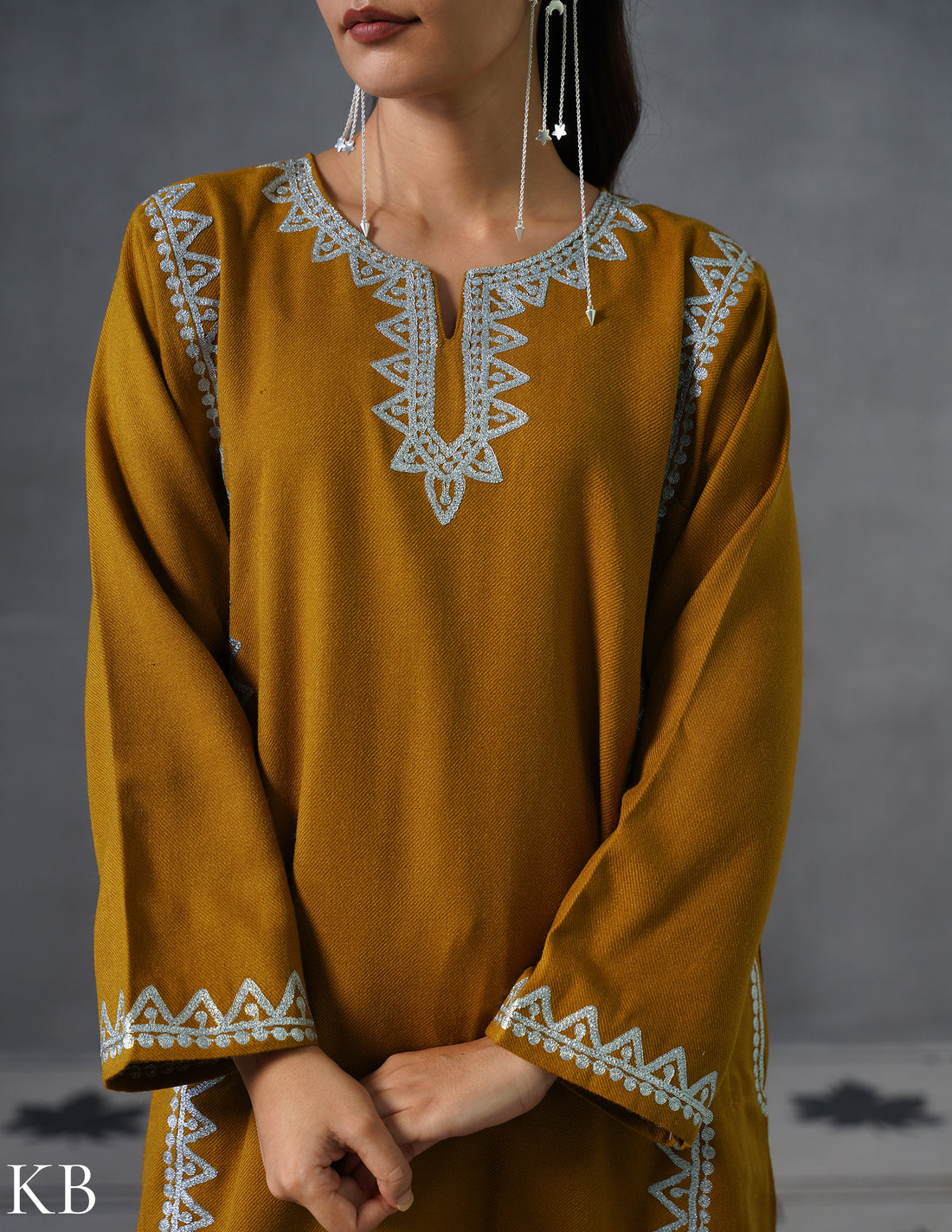 Kashmiri Silver Zari Embroidered Woollen Phiran – Mustard | Timeless Winter Wear - Kashmir Box