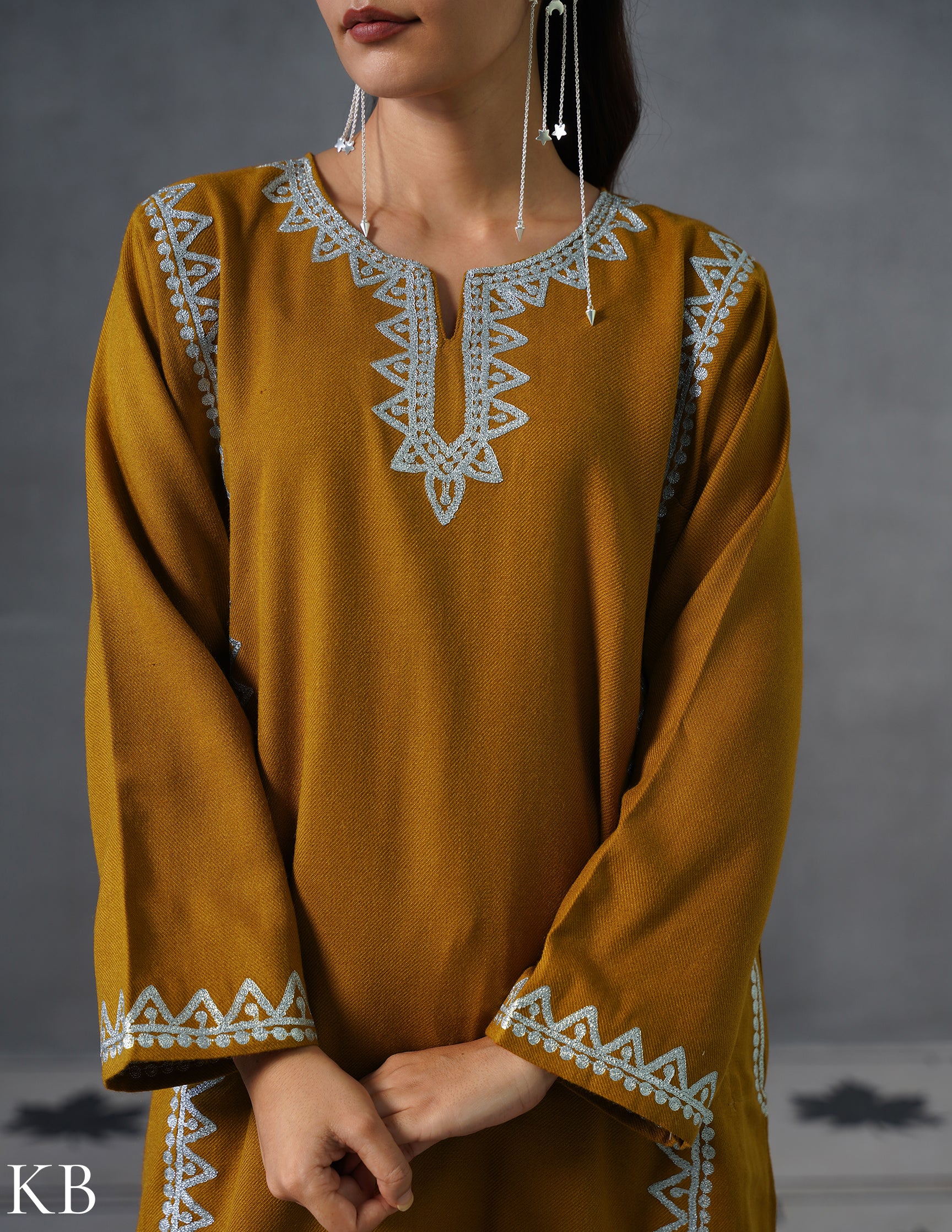 Kashmiri Silver Zari Embroidered Woollen Phiran – Mustard | Timeless Winter Wear - Kashmir Box