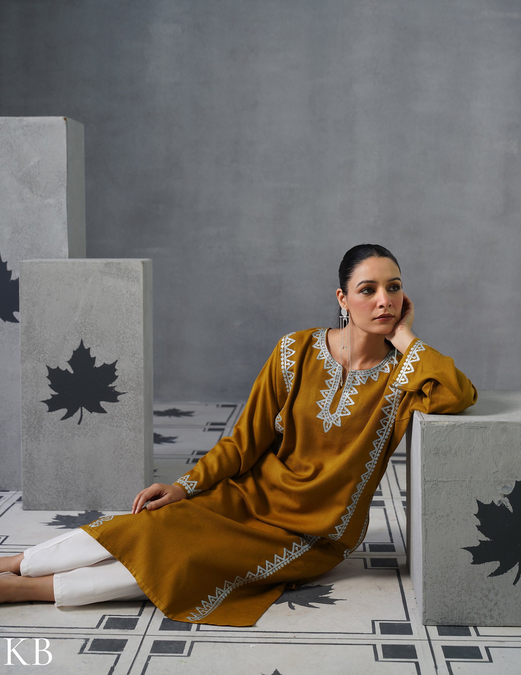 Kashmiri Silver Zari Embroidered Woollen Phiran – Mustard | Timeless Winter Wear - Kashmir Box