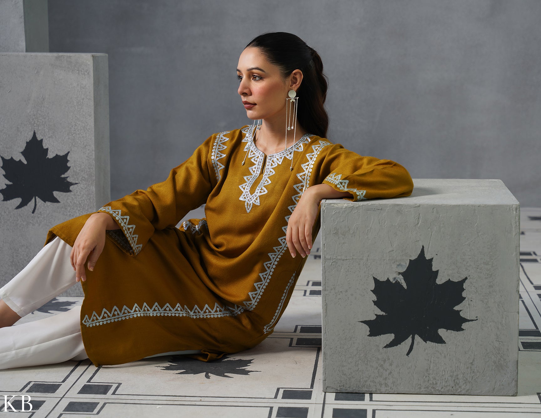 Kashmiri Silver Zari Embroidered Woollen Phiran – Mustard | Timeless Winter Wear - Kashmir Box