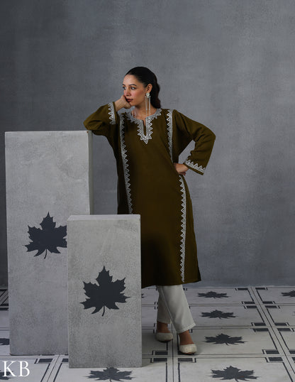 Kashmiri Silver Zari Embroidered Woollen Phiran – Moong Green | Timeless Winter Wear - Kashmir Box