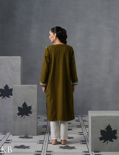 Kashmiri Silver Zari Embroidered Woollen Phiran – Moong Green | Timeless Winter Wear - Kashmir Box