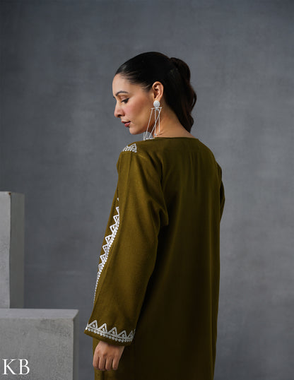 Kashmiri Silver Zari Embroidered Woollen Phiran – Moong Green | Timeless Winter Wear - Kashmir Box