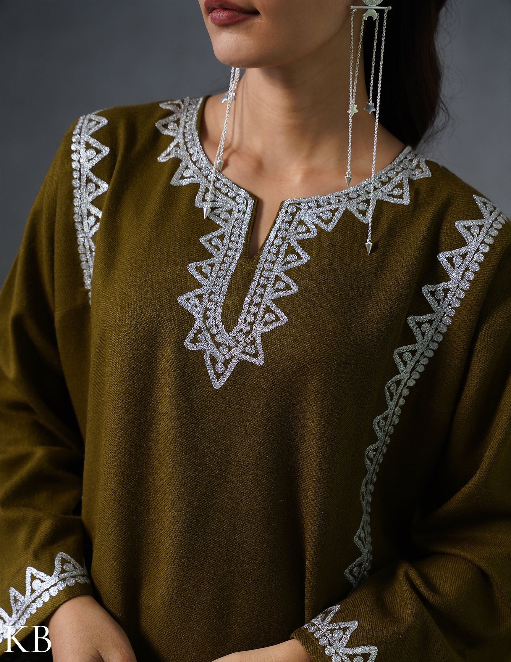 Kashmiri Silver Zari Embroidered Woollen Phiran – Moong Green | Timeless Winter Wear - Kashmir Box