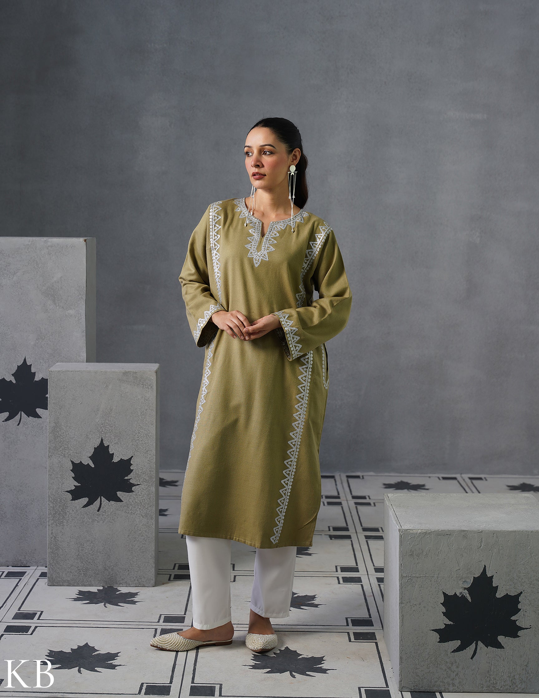 Kashmiri Silver Zari Embroidered Woollen Phiran – Fawn | Timeless Winter Wear - Kashmir Box