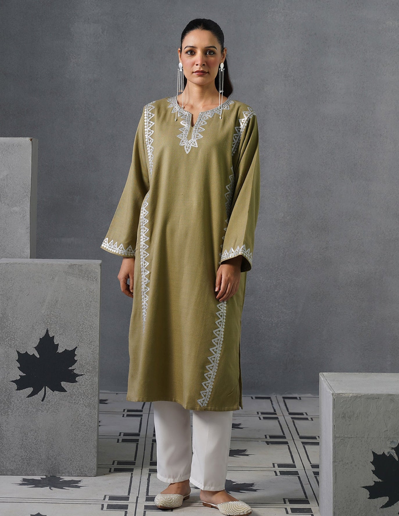 Kashmiri Silver Zari Embroidered Woollen Phiran – Fawn | Timeless Winter Wear - Kashmir Box