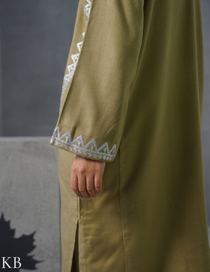 Kashmiri Silver Zari Embroidered Woollen Phiran – Fawn | Timeless Winter Wear - Kashmir Box