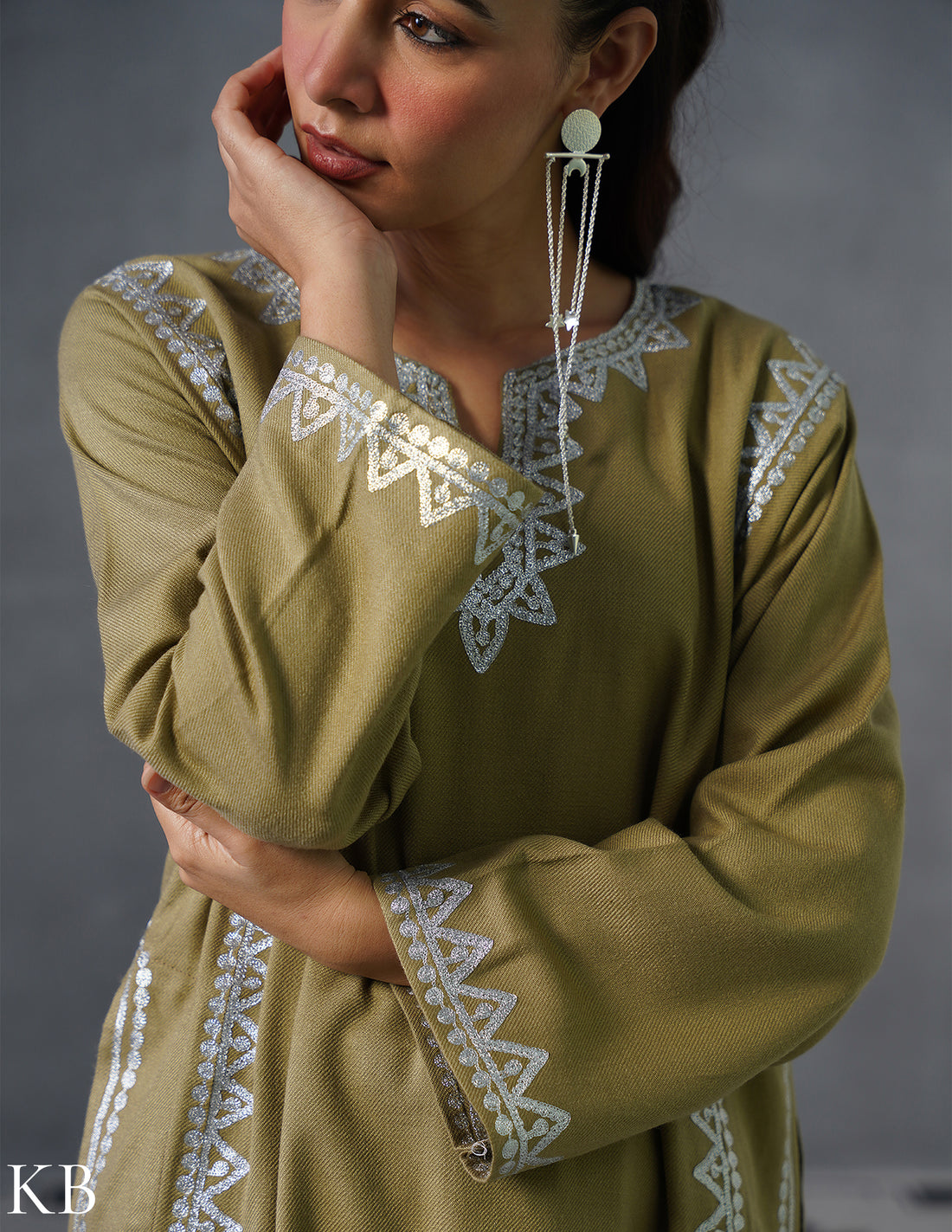 Kashmiri Silver Zari Embroidered Woollen Phiran – Fawn | Timeless Winter Wear - Kashmir Box