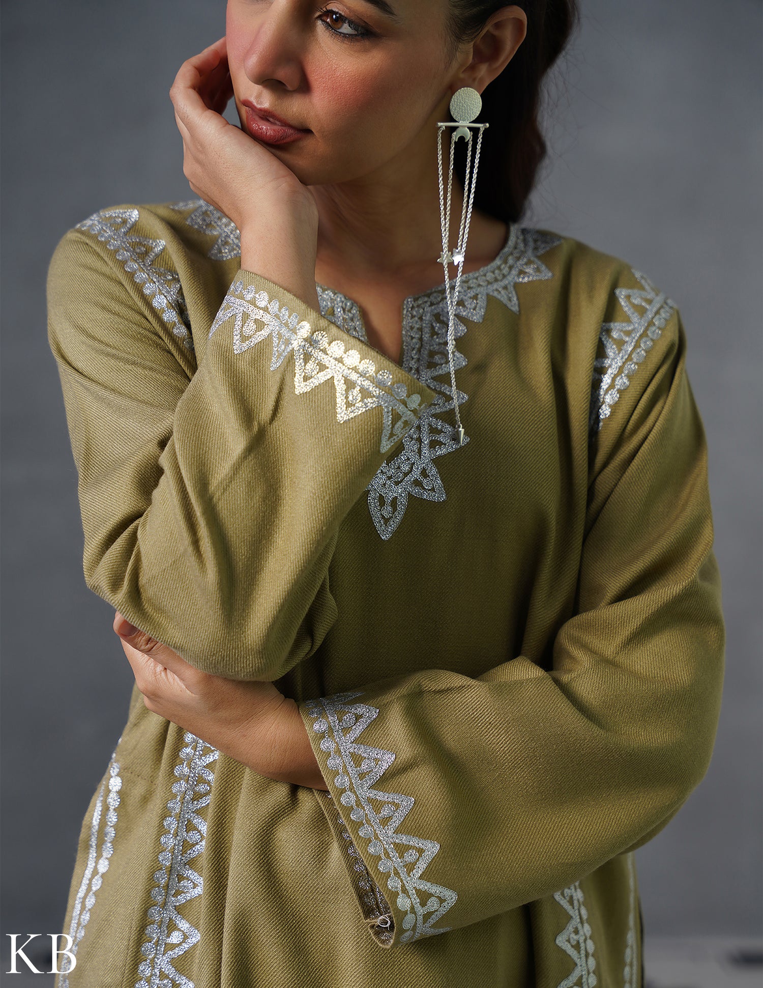 Kashmiri Silver Zari Embroidered Woollen Phiran – Fawn | Timeless Winter Wear - Kashmir Box