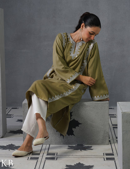 Kashmiri Silver Zari Embroidered Woollen Phiran – Fawn | Timeless Winter Wear - Kashmir Box