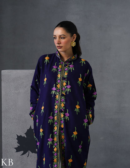 Nayaab Kashmiri Aari Embroidered Long Winter Jacket – Blue | Festive Wear - Kashmir Box