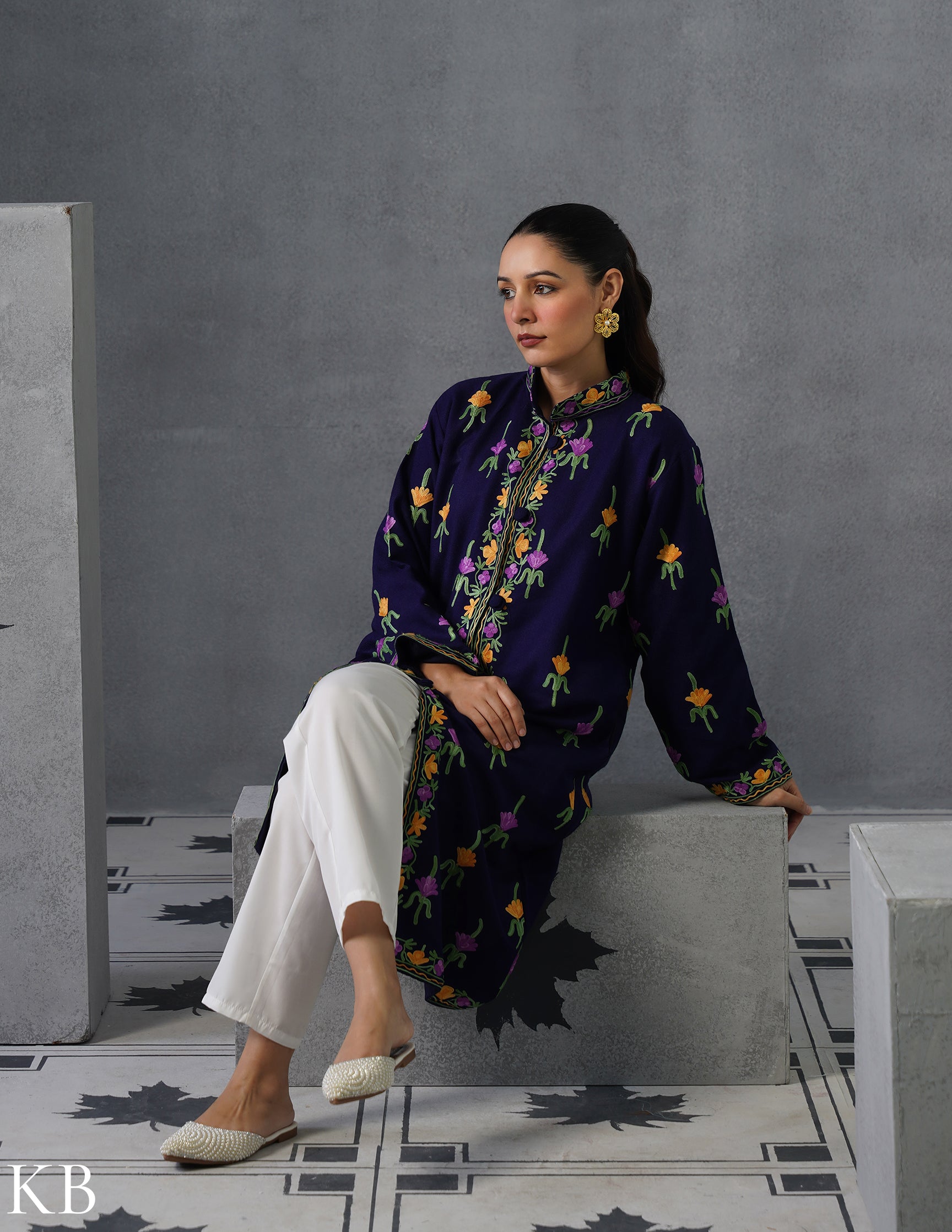 Nayaab Kashmiri Aari Embroidered Long Winter Jacket – Blue | Festive Wear - Kashmir Box