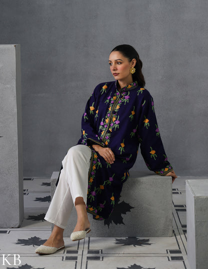 Nayaab Kashmiri Aari Embroidered Long Winter Jacket – Blue | Festive Wear - Kashmir Box