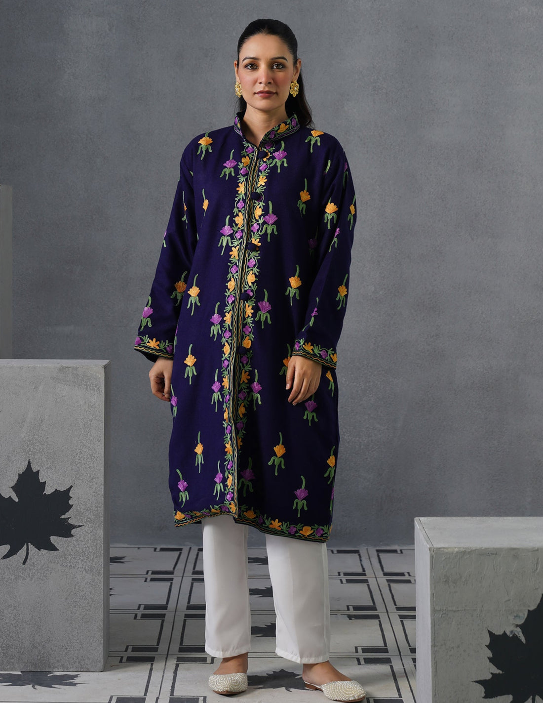Nayaab Kashmiri Aari Embroidered Long Winter Jacket – Blue | Festive Wear - Kashmir Box
