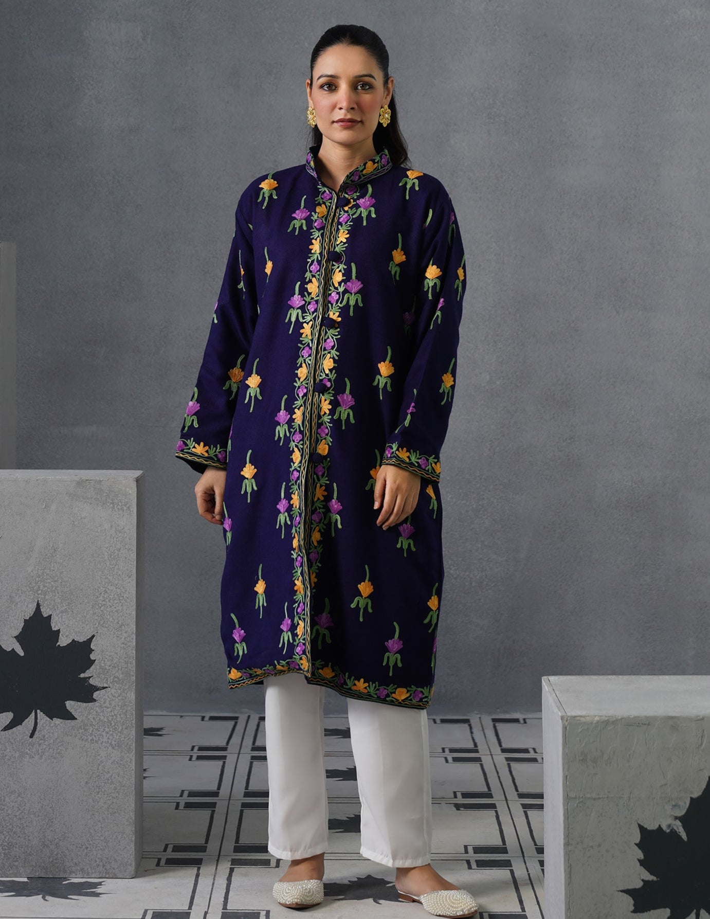 Nayaab Kashmiri Aari Embroidered Long Winter Jacket – Blue | Festive Wear - Kashmir Box
