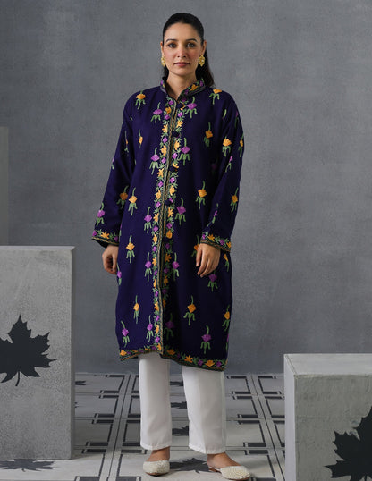 Nayaab Kashmiri Aari Embroidered Long Winter Jacket – Blue | Festive Wear - Kashmir Box